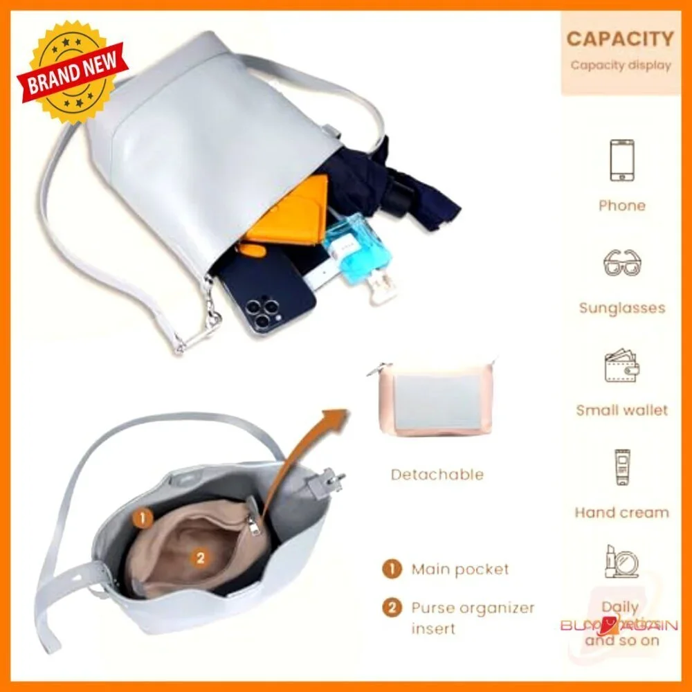 Genuine Leather Crossbody Bucket Bag with Adjustable Strap